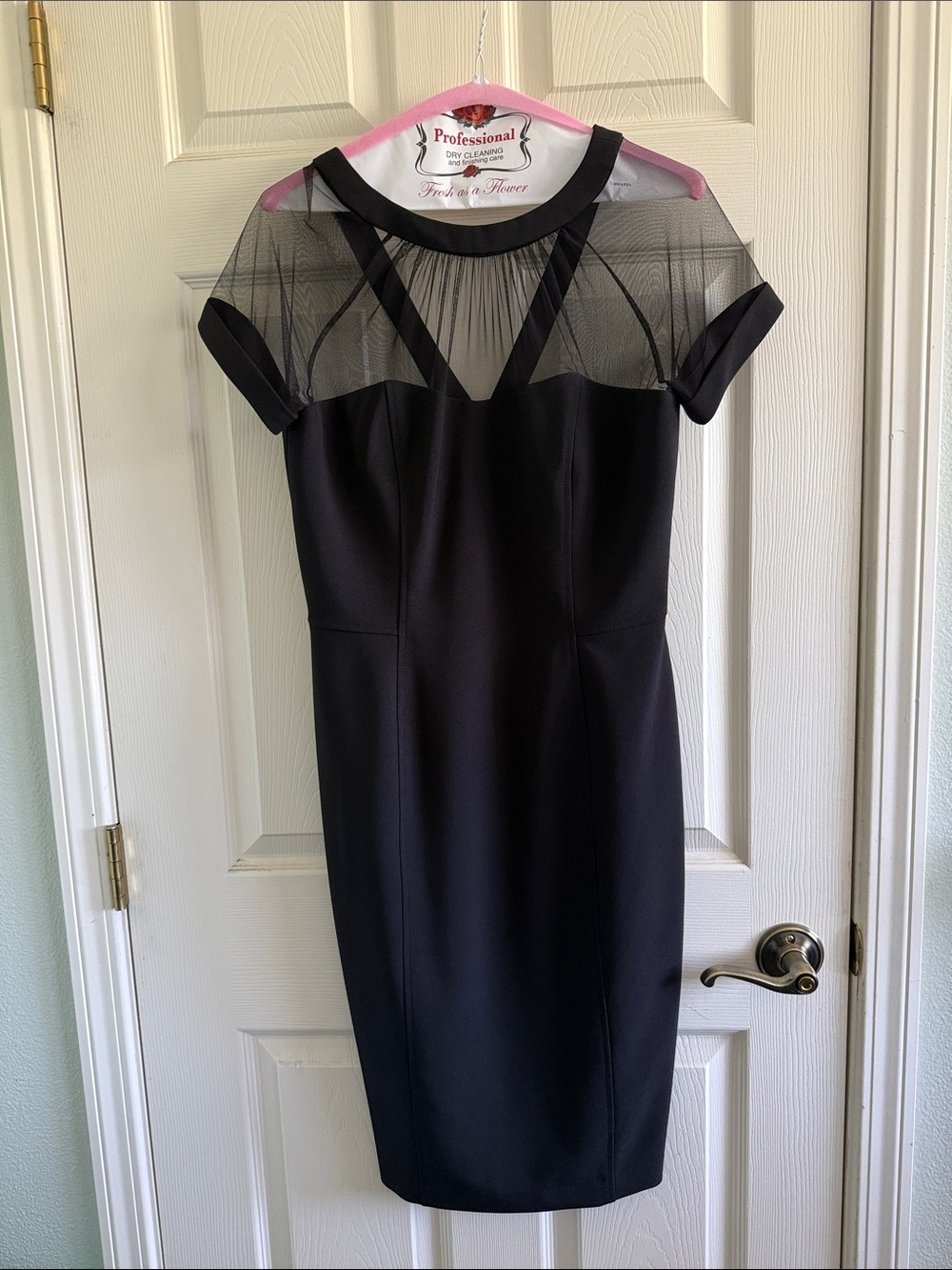 Maggy London Black Midi Sheath Dress with Mesh Yoke